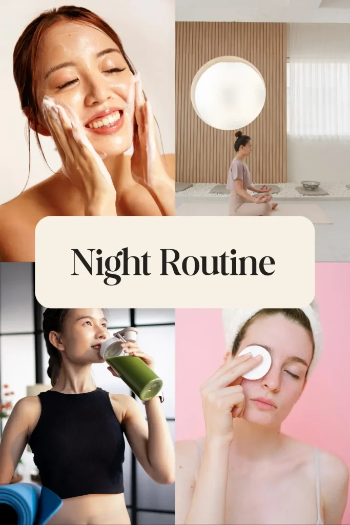 Night skincare routine steps for oily skin with lightweight products and gentle cleansing.