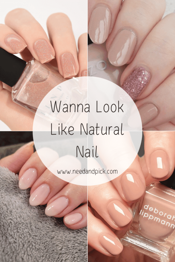 Hands with a clean girl manicure featuring natural-looking nail colors in soft nude and pink shades