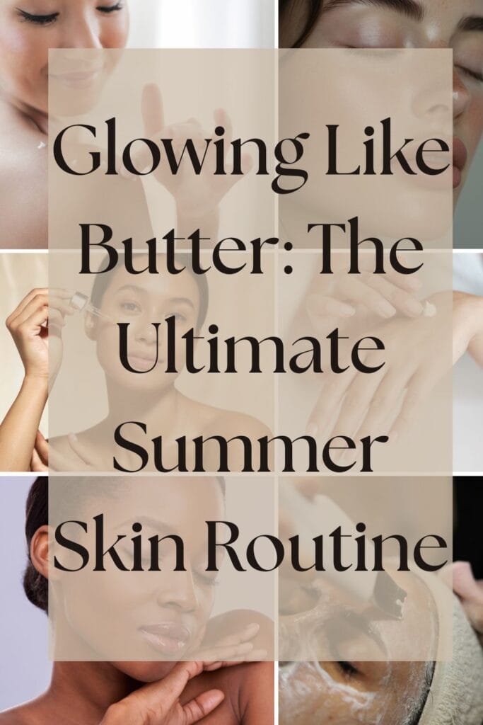 Flat lay of exfoliating gloves, gua sha, and natural skincare for butter skin