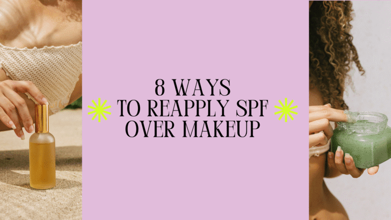 Woman using an SPF mist to reapply SPF over makeup without smudging her foundation